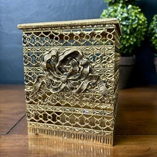 Vtg Hollywood Regency Gold Filigree Square Tissue Box Holder Cover BOW matson