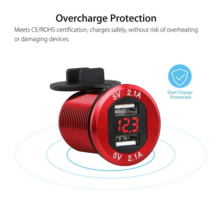 Red 12V Dual USB 4.2A Car Cigarette Lighter Charger Socket LED Digital Voltmeter - Image 3 of 4