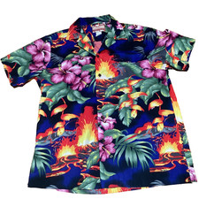 Vintage RJC Hibiscus Volcano Hawaiian Shirt Mens Large Floral Made In Hawaii USA