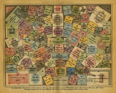 Antique Print-Overview of different post stamps-Postwertzeichen-Meyers-1895