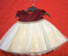 Girls Burgundy Velvet  White Tulle Fit  Flare Holiday Dress Knee Length Beaded