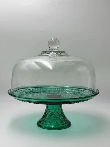 Anchor Hocking Vintage Wexford Glass Emerald Green  Pedestal Footed Cake Stand