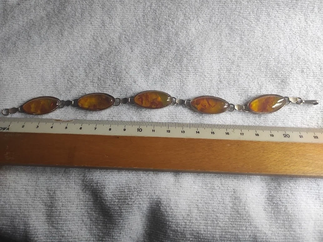 Bracciale Classico In Argento 925 Con Ambra Baltica Naturale, Pietre Ovali 13x10 Mm, Lunghezza 19 Cm. Autentico E Con Certificato.