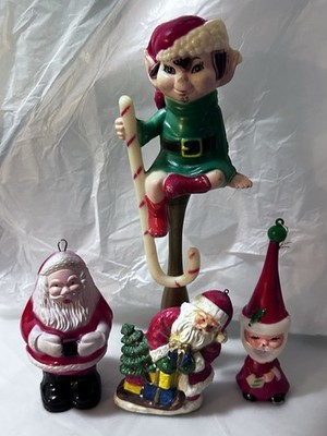 Vintage Mid Century MCM 4 Plastic Christmas Ornaments Stocking Holder Elf Santa