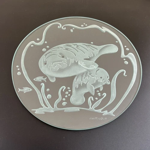 Carved 9" Glass Mother Baby Manatee Signed Braithwaite Studios With Wooden Stand