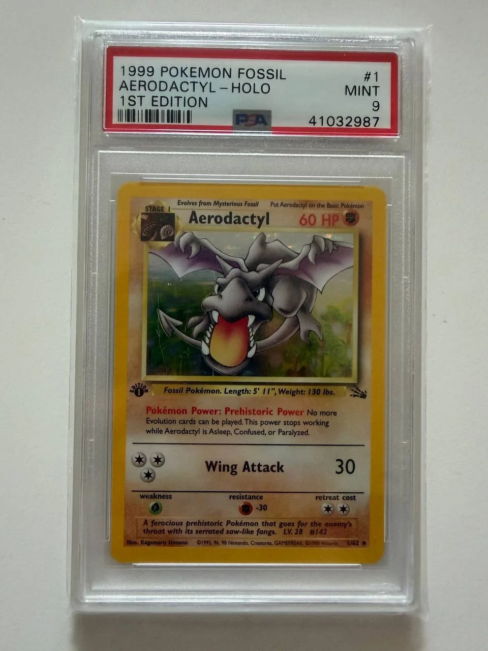 PSA 9 MINT 1999 Pokemon Fossil Aerodactyl 1/62 Holo 1st Edition