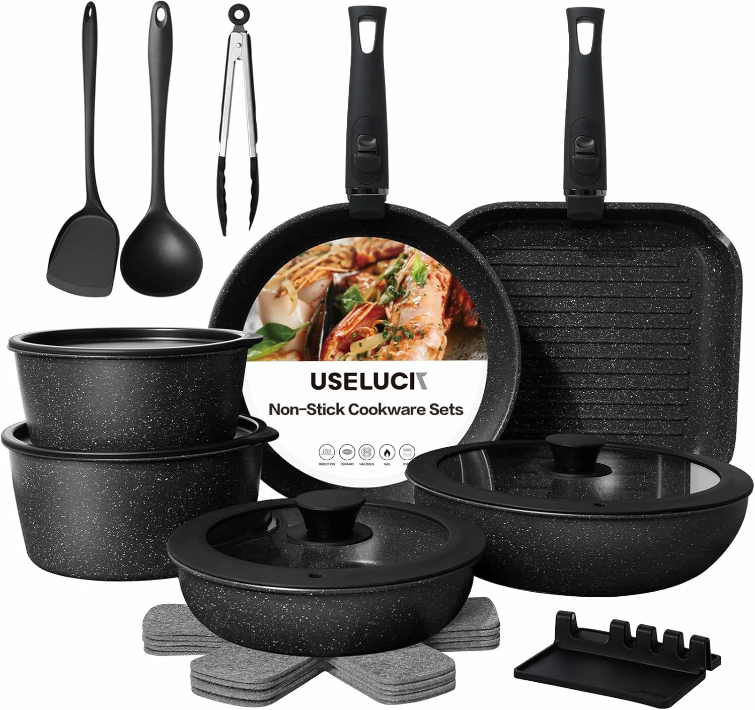 Pots and Pans Set Non Stick, Ceramic Cookware Sets 21 PCS, Granite Induction RV