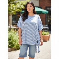 Chaps Striped Tie Front Tunic Top Plus Size 2X Blue White Casual Summer