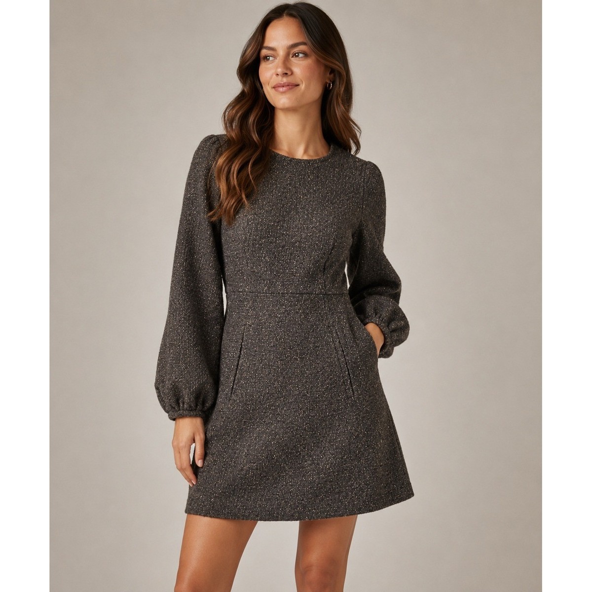 ba&sh Melb Dress Womens 6 Marron Brown Tweed Wool Blend Balloon Sleeve Mini