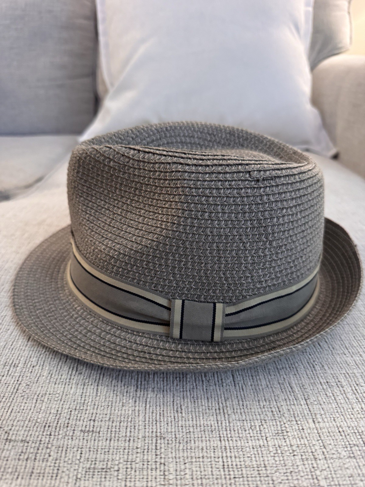 Henschel HTH Fedora Hat XL Gray Braid Wide Brim Grosgrain Ba