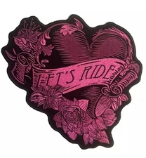 Large Womens Lets Ride Pink Heart and Roses Biker Patch 8.5x8.0 Inch for Back of