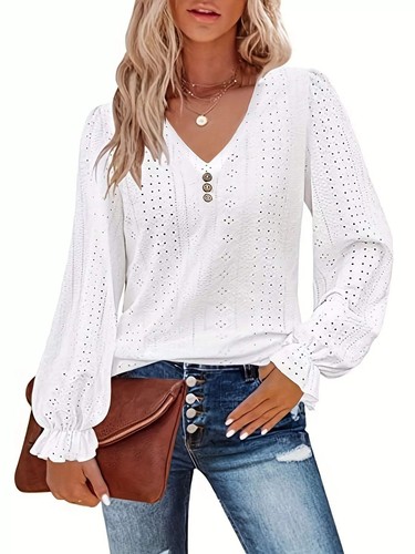 Plus Size Eyelet V-Neck Flounce Sleeve Blouse - Picture 72 of 108