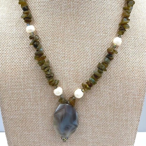 Vintage Gray Agate Pendant Necklace Labradorite Chip Beads Freshwater Pearls Y2K