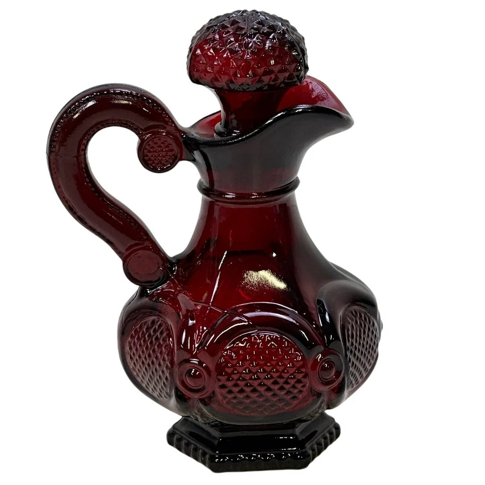 Crueta de vidrio rojo rubí Avon Cape Cod con tapón vintage 5-1/2" Foto 3 de 4