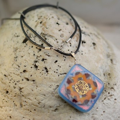Mosaic Dichroic Glass Flower Pendant Sterling Silver Wire Wrap, Leather Cord