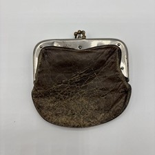 Vintage Brown Leather Coin Purse Kiss Lock Clasp Double Frame Wallet