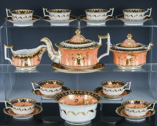 VERY NICE c1825 RIDGWAY SALMON GROUND ENGLISH PORCELAIN TEAPOT TEA SET FOR EIGHT