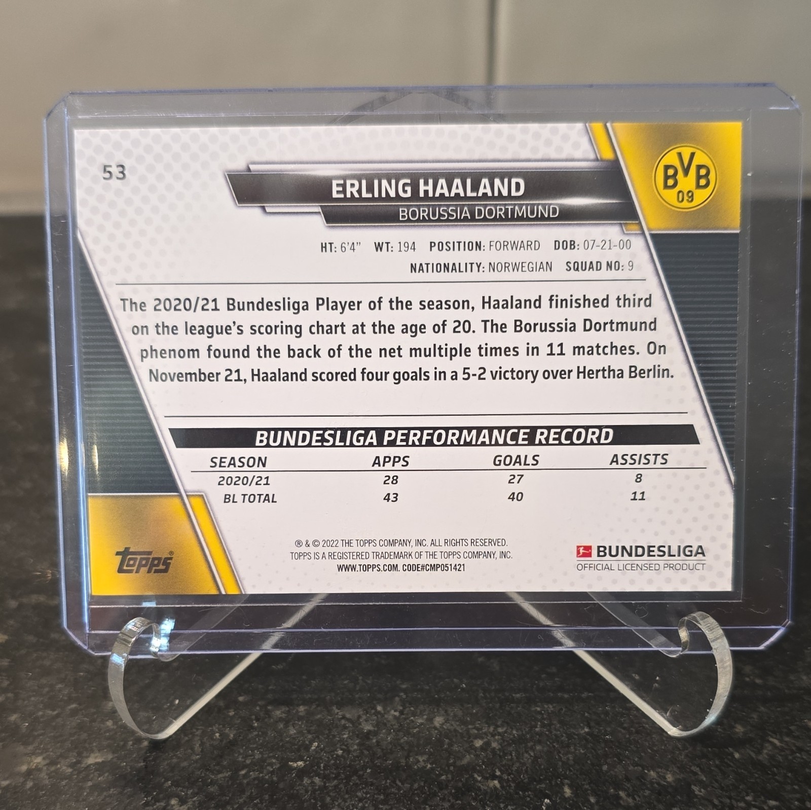 Topps 2021-22 Bundesliga #53 Erling Haaland Image Variation Borussia Dortmund view 2