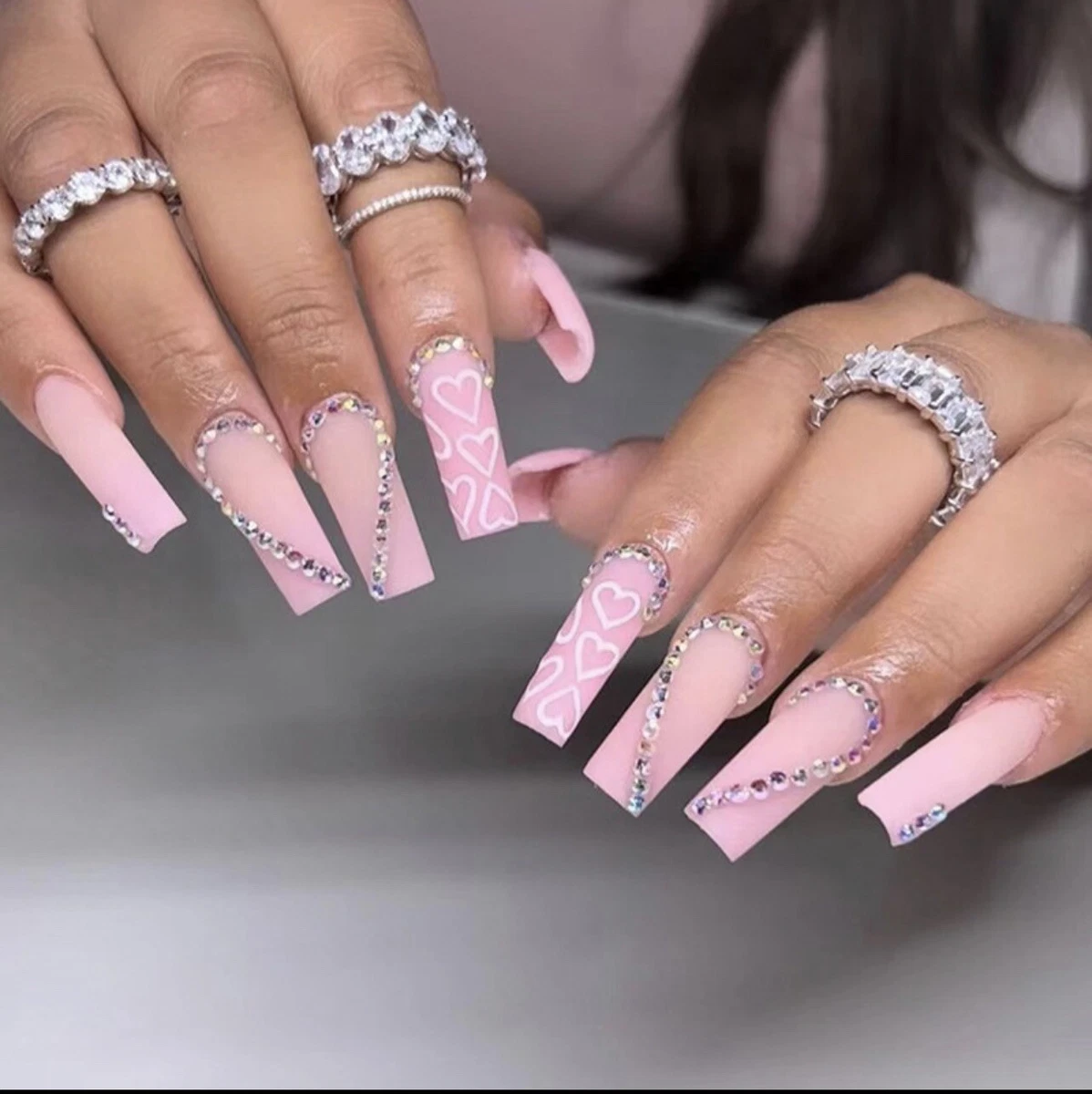 light pink rhinestones nails handmade salon