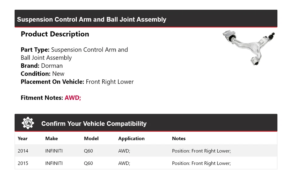 Conjunto de rótula de brazo de control Dorman Infiniti Q60 2014-2015 Foto 2 de 4