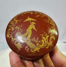 Vtg Signed Handpainted wooden trinket box Man boy w Umbrella Farm- B4