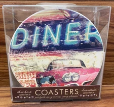 Set Of 4 Coasters Absorbent Diner Sports Car 1958 Roadster Corvette Man Cave Bar