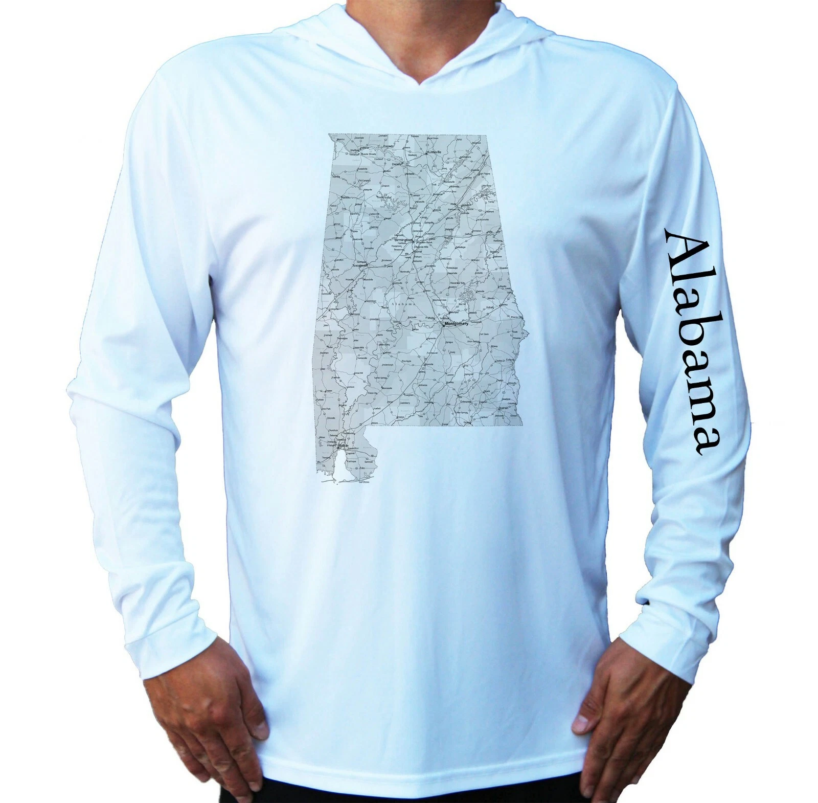 Alabama State Map Sport UV Protected UPF 50 Long Sleeve T-Shirt Hood Fishing