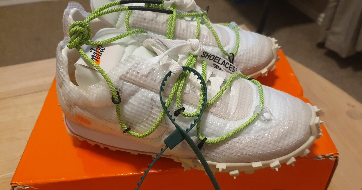 OFF WHITE X NIKE Nike X Off White Waffle Racer bianco nero verde elettrico CD8180 100 UK 3 EU36