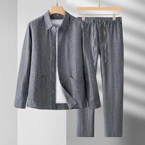2PC New Men Flax Thin Jacket Coats Tops & Pants Casual Sets Solid Lapel Shirt US - Picture 12 of 13
