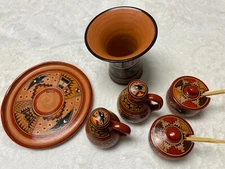 Rustic Andean Ceramic Pottery Set, Brown clay base, Mugs and decorative plate