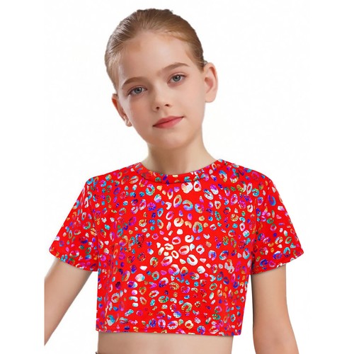 Girls Metallic Leopard Print Modern Hip Hop Jazz Disco Ballet Dance Crop Tops - Picture 49 of 84