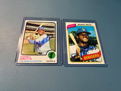 1973 1980 Manny Mota Autographed Hand Signed Baseball Card lot of 2 Dodgers