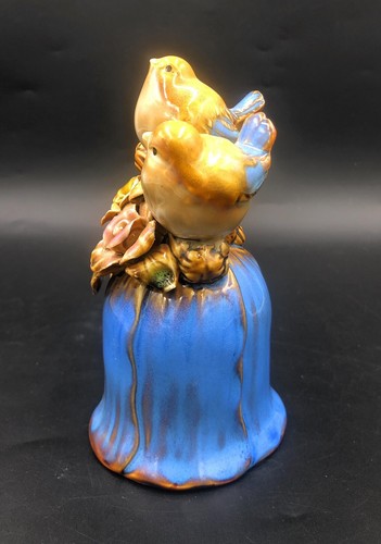 Majolica Style Ceramic Pottery Bluebell With Birds Vintage 14cm Ornament Signed - Picture 3 of 7