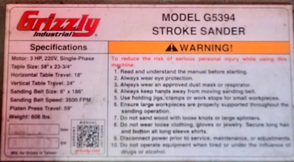 Grizzly 工业计划砂光机型号 G5394 冲程砂光机  — 第 4/4 张图片