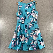 Roz & Ali Dress Womens 14 Blue Floral Fit & Flare Plated Sleeveless Pocket Knit