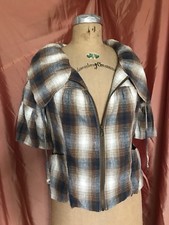 Woman's Light Plaid Linen Jacket Browns Peplum Collar Zipper 1/2-sleeves Jolt L