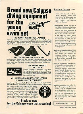 1968 PAPER AD Aqua Lung Calypso Diving Equipment Fleetwing Racer Snow Sled