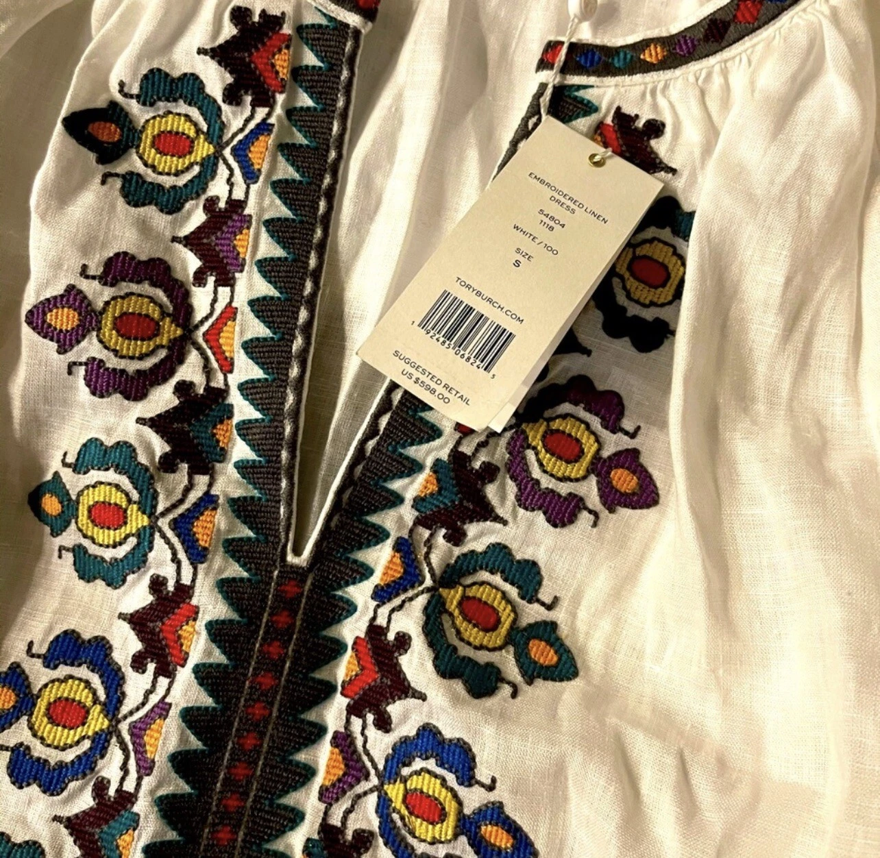 Abito in lino ricamato Tory Burch. Nuovo con etichetta. Taglia S. Vendita al dettaglio $600