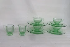 Green Depression Glass Tea Cups Saucers Cake Plates Creamer Sugar Bowl Set 4372B
