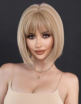 Perruque Synthétique Courte Blond Foncé Doré Or Wig Frange Femme 30cm +4 Bonnet - Photo 1/4