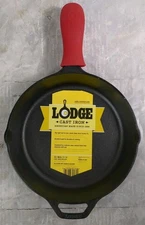 Lodge Cast Iron Skillet w/Red Silicone Hot Handle Holder, 10.25" New-Open Box