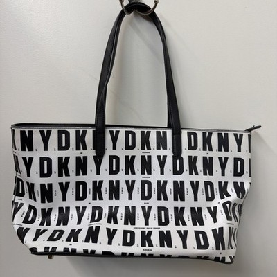 DKNY Grayson Logo Tote Large Black White Monogram Shopper NYC Print Shoulder Bag