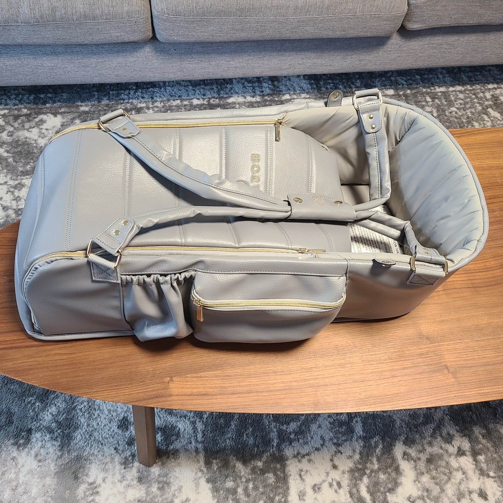 Mory June Moses Bag 2-in-1 Bassinet Diaper Bag Harbor Gray Vegan Leather Carrier