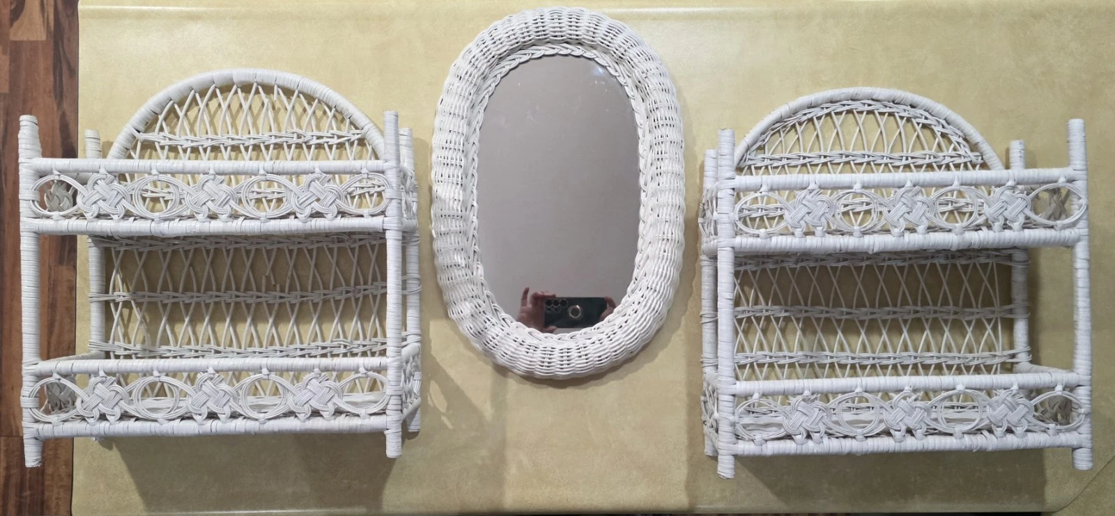 2 Vintage White Wicker Wall Shelf Hanging Storage And 1 Mirror ~ Boho Cottage