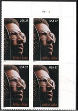 US Stamp Scott #3936, 37c, Arthur Ashe, Plate Block of 4, MNH, SCV$3.00