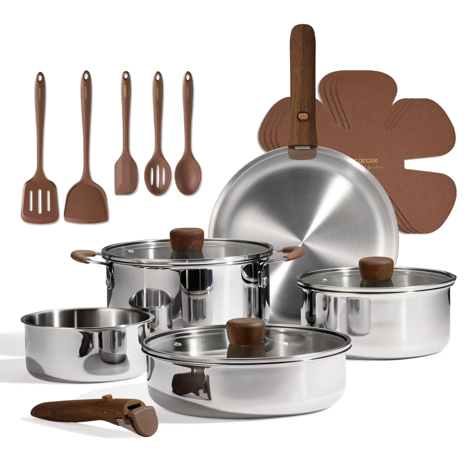 19pcs Stainless Steel Cookware Set with Detachable Handle, Pots and Pans Set,...