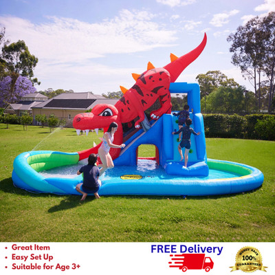 Inflatable Dinosaur Cave Water Slide Bounce House w/ Blower Climb Wall Pool