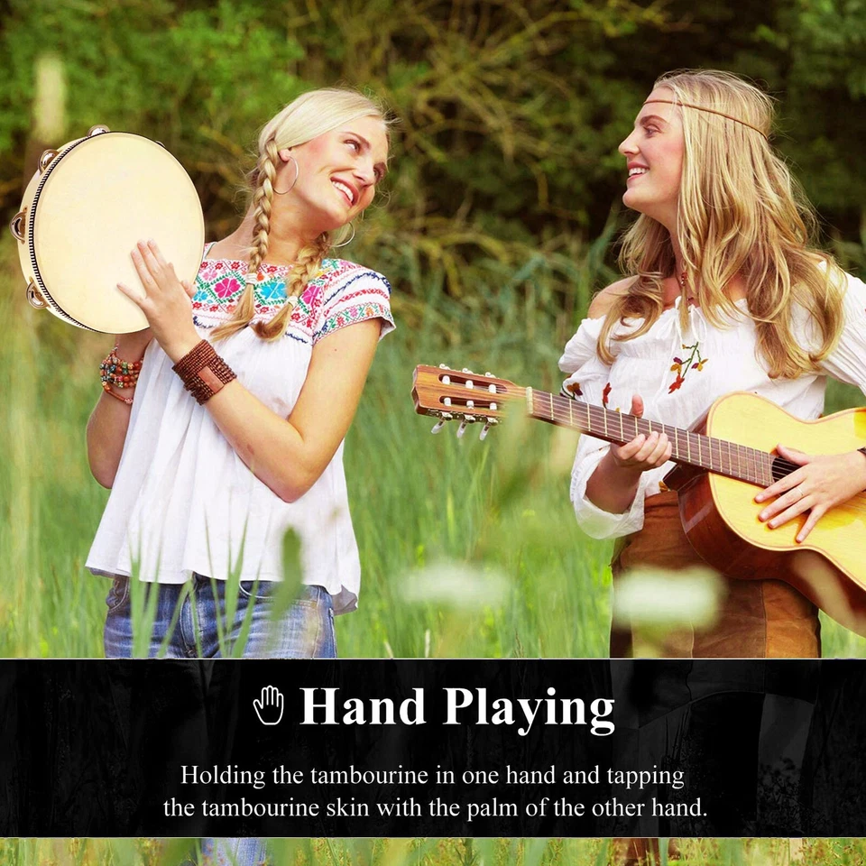 10" Musical Tambourine Wood Hand Held Tamborine Drum Round Percussion Gift - Image 3 of 4