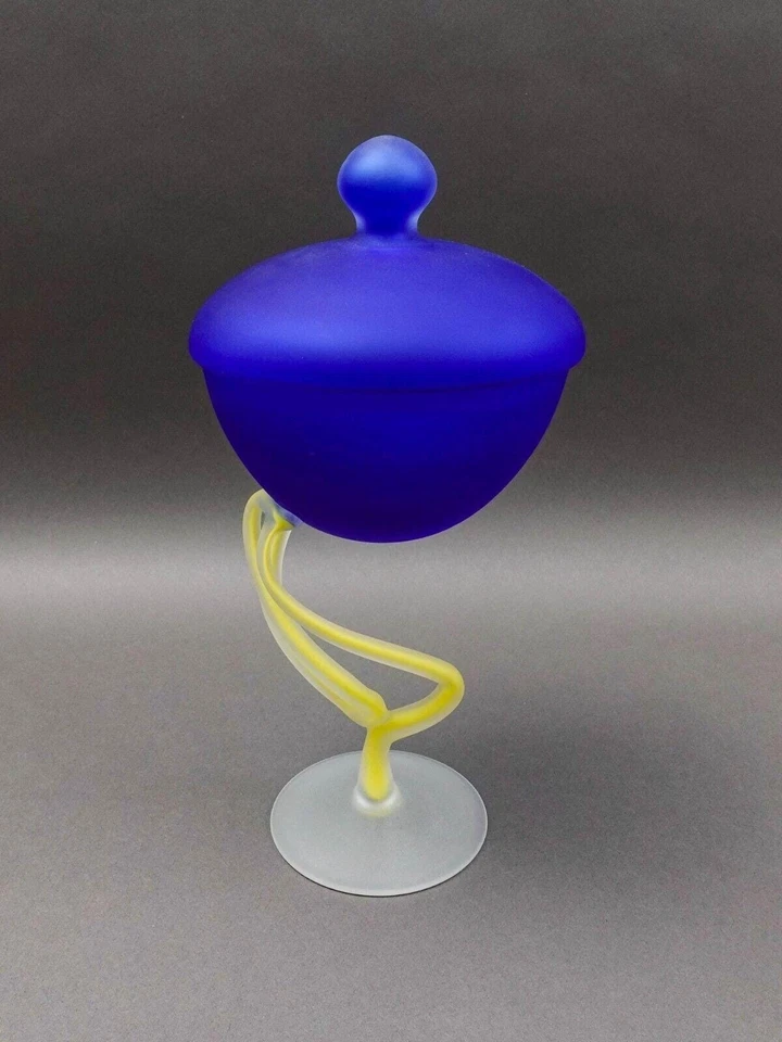 Josefina Krosno Poland Jelly Fish Blue & Yellow Art Glass Compote Bowl Sculpture - Image 2 of 4