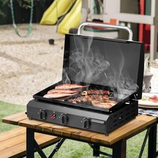 Portable Camping Stove Propane Grill with Enamel Griddle Wind Panel, Black